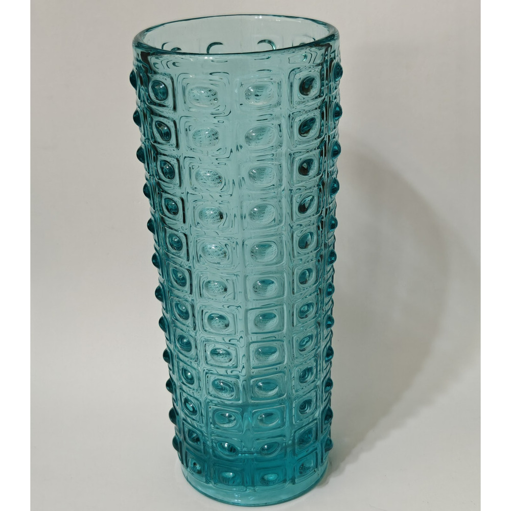MCM Sklo Union Art Glass Vase Turquoise Blue Geometric Czech Vintage 60s Hobnail